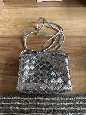 Bottega Veneta Metallic Silver mini Woven Crossbody Bag